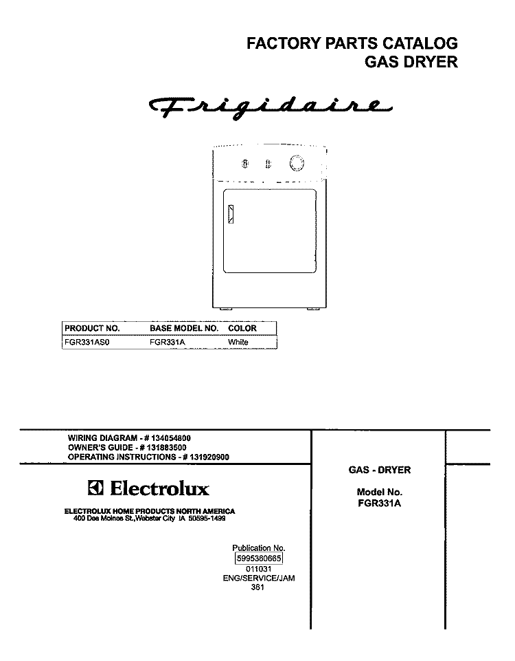 COVER Diagram and Parts List for FGR331AS0  Frigidaire Dryer