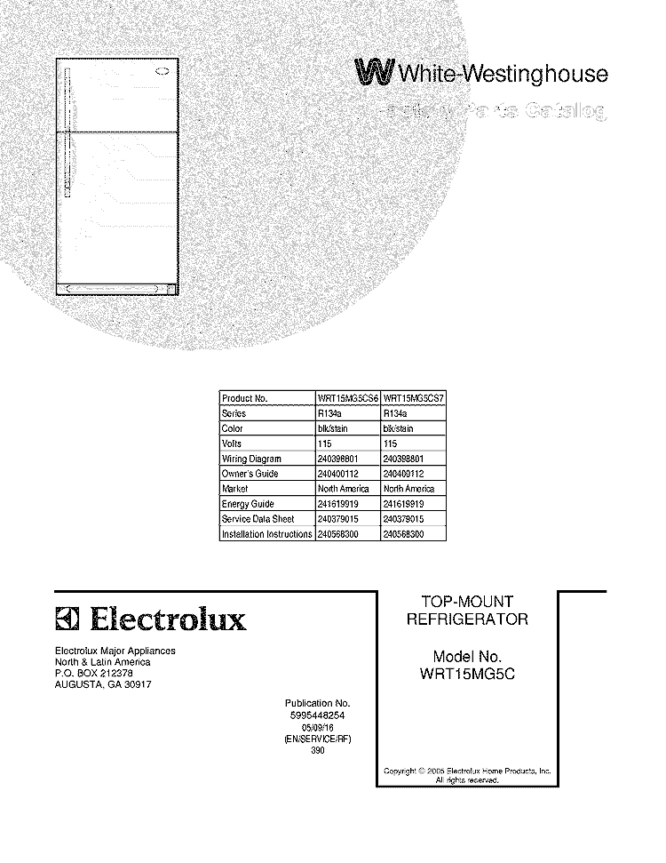 COVER Diagram and Parts List for WRT15MG5CS7  Westinghouse Refrigerator