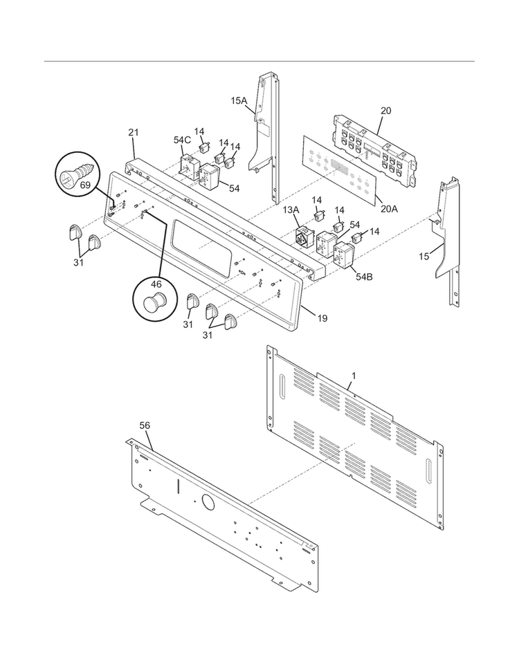 Backguard Diagram and Parts List for DGEF3031KWF  Frigidaire Range