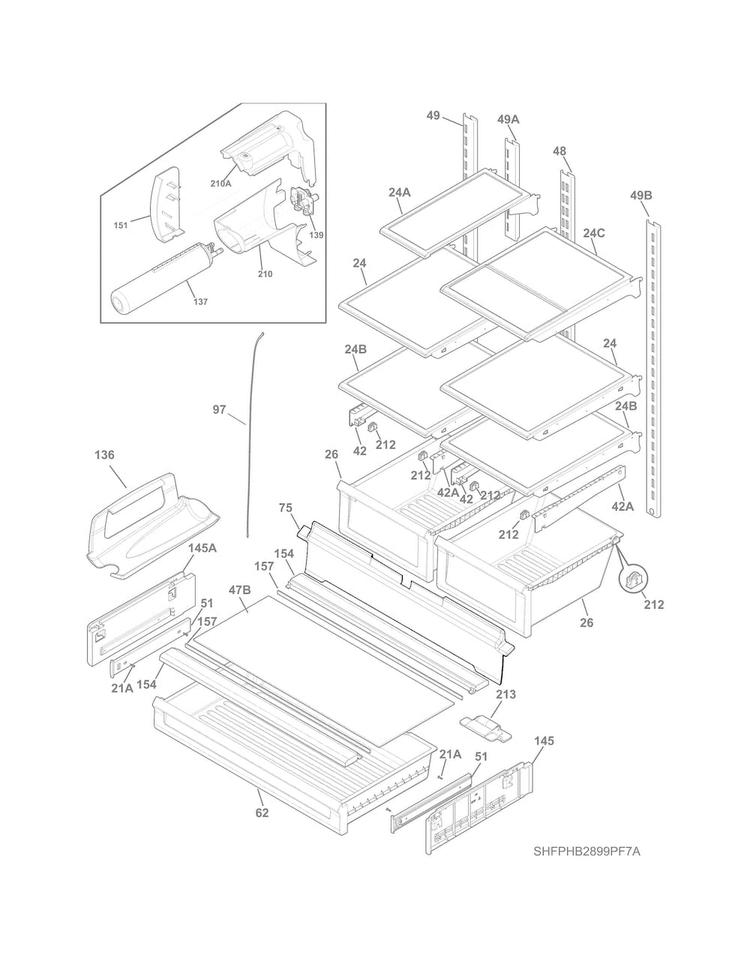 Shelves Diagram and Parts List for DGHF2360PF5A  Frigidaire Refrigerator