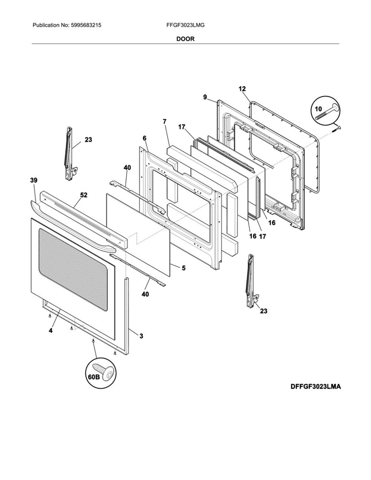 Door Diagram and Parts List for FFGF3023LMG  Frigidaire Range