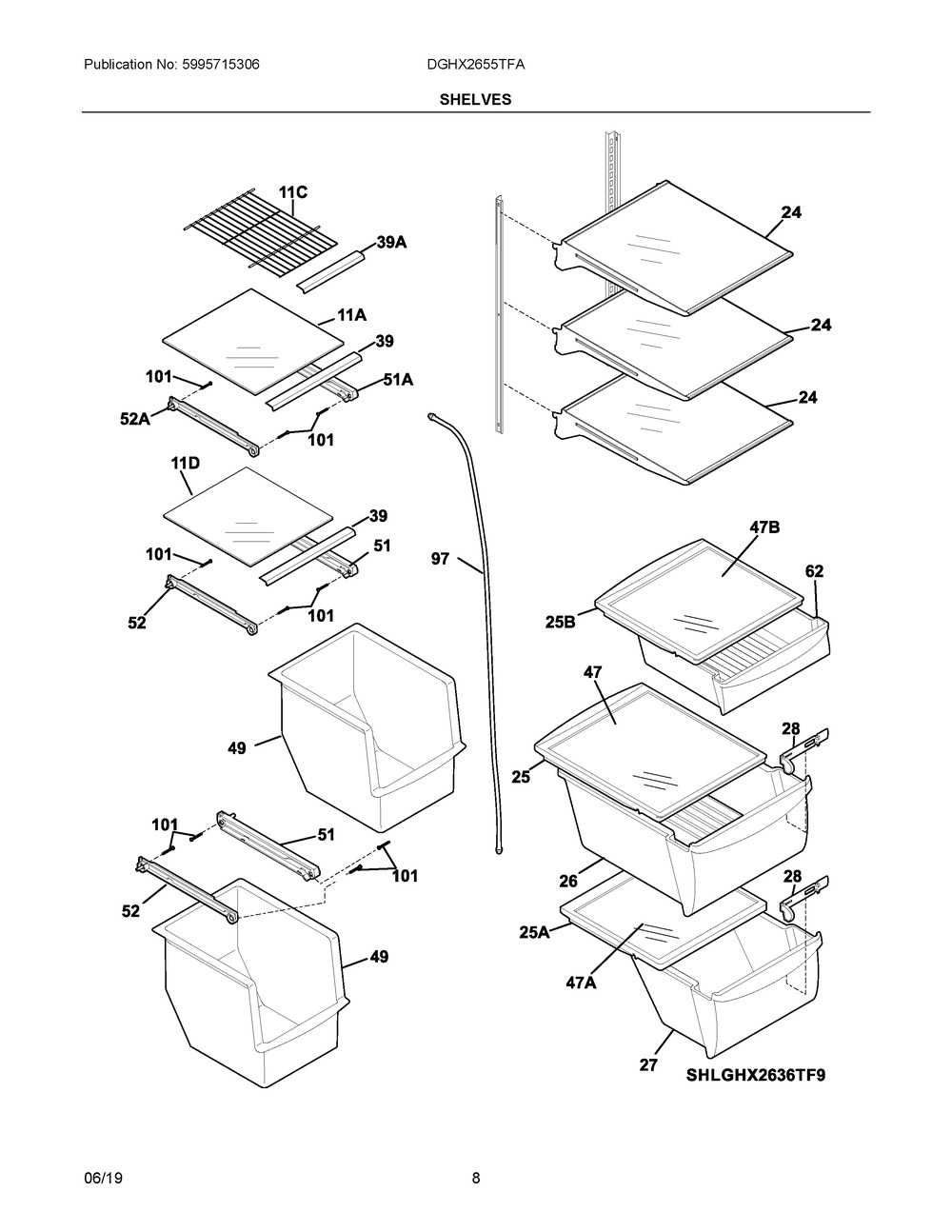 Shelves Diagram and Parts List for DGHX2655TFA  Frigidaire Refrigerator