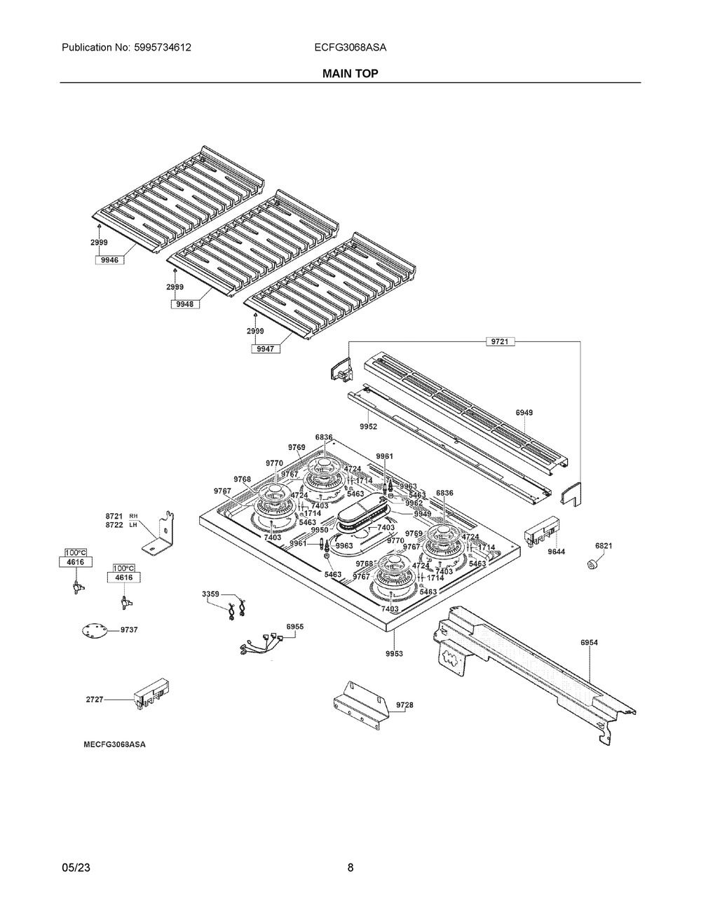 Main Top Diagram and Parts List for ECFG3068ASA  Frigidaire Range