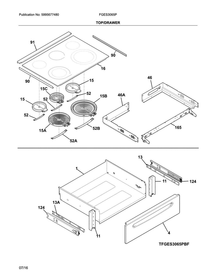Top/drawer Diagram and Parts List for FGES3065PWJ  Frigidaire Range