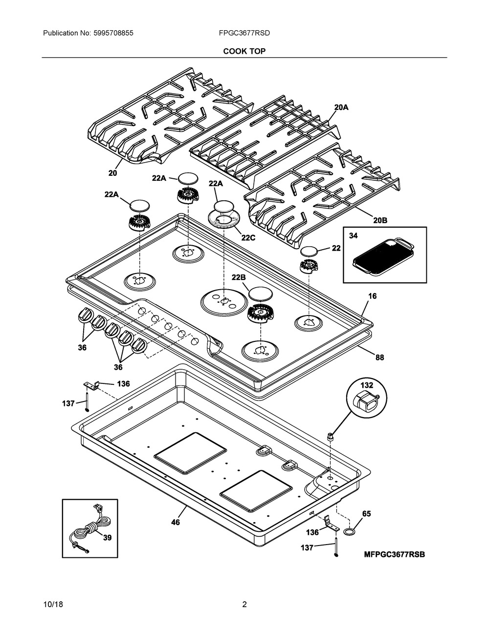 Cook Top Diagram and Parts List for FPGC3677RSD  Frigidaire Cooktop