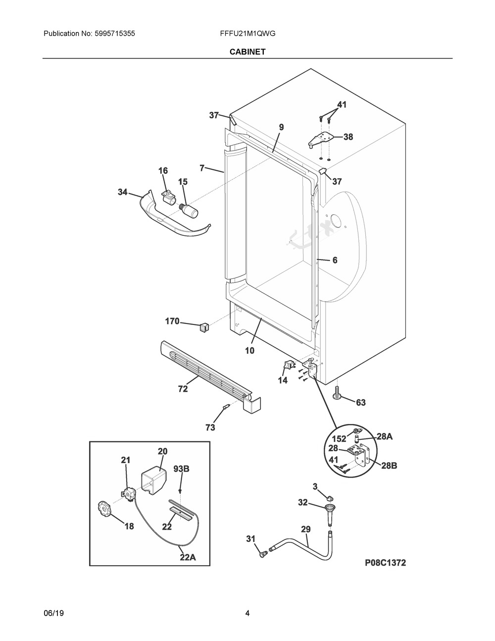 Cabinet Diagram and Parts List for FFFU21M1QWG  Frigidaire Freezer