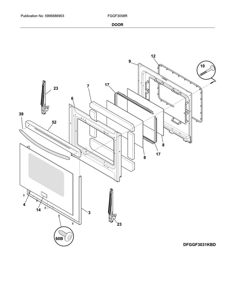 Door Diagram and Parts List for FGGF3058RWD  Frigidaire Range