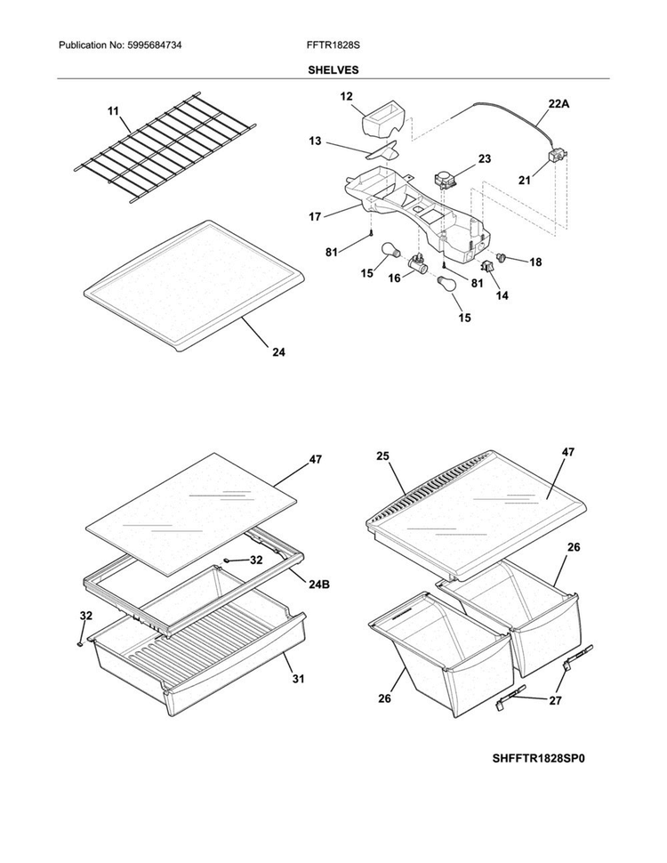 Shelves Diagram and Parts List for FFTR1828SE4A  Frigidaire Refrigerator