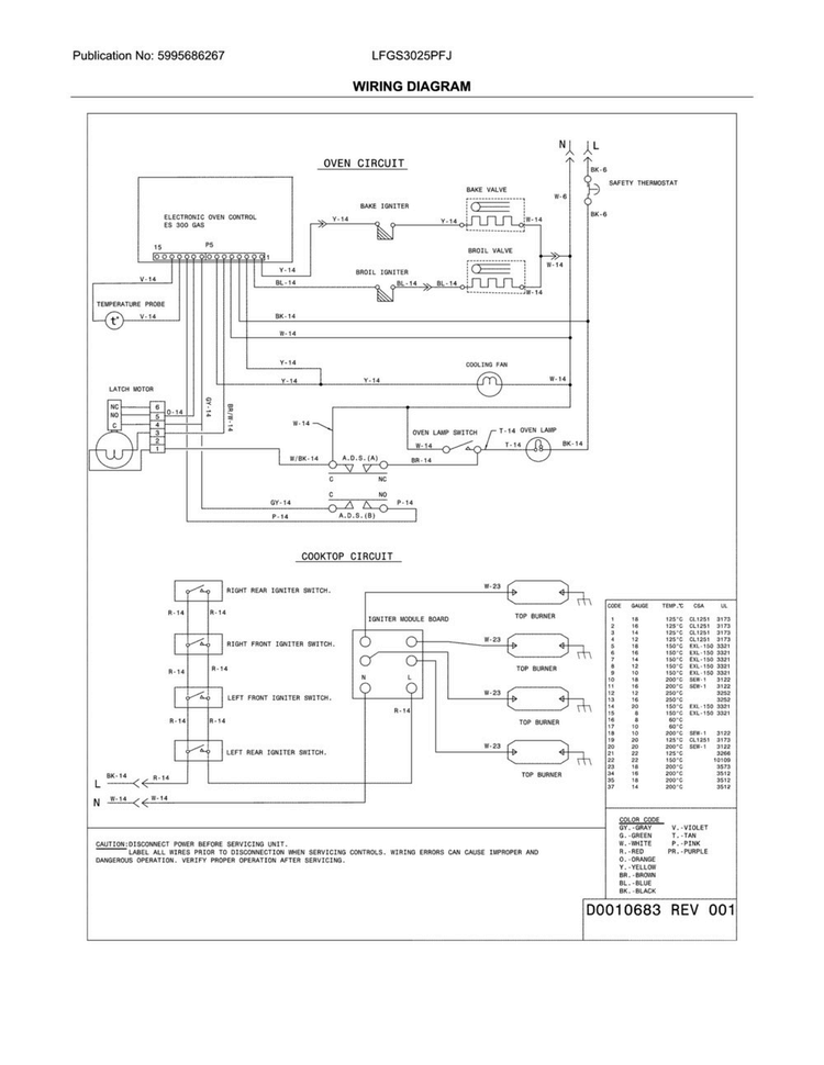 Wiring Diagram Diagram and Parts List for LFGS3025PFJ  Frigidaire Range