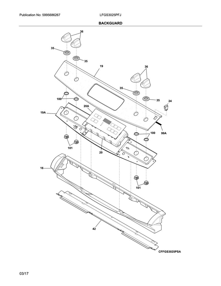 Backguard Diagram and Parts List for LFGS3025PFJ  Frigidaire Range