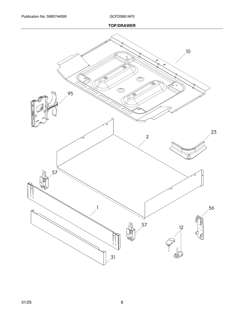 Top/Drawer Diagram and Parts List for GCFD3661AF0  Frigidaire Range