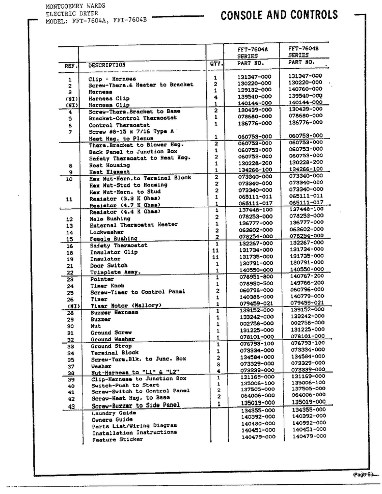 Dryer Console And Controls Page 2 Diagram and Parts List for 7604A  Frigidaire Dryer