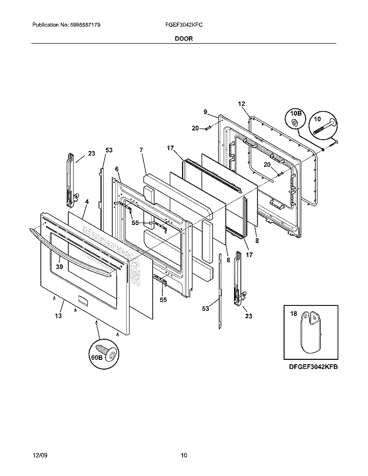 DOOR Diagram and Parts List for FGEF3042KFC  Frigidaire Range