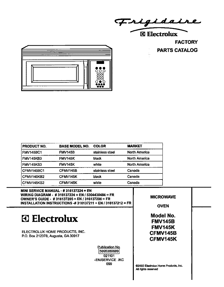 COVER Diagram and Parts List for CFMV145BC1  Frigidaire Microwave
