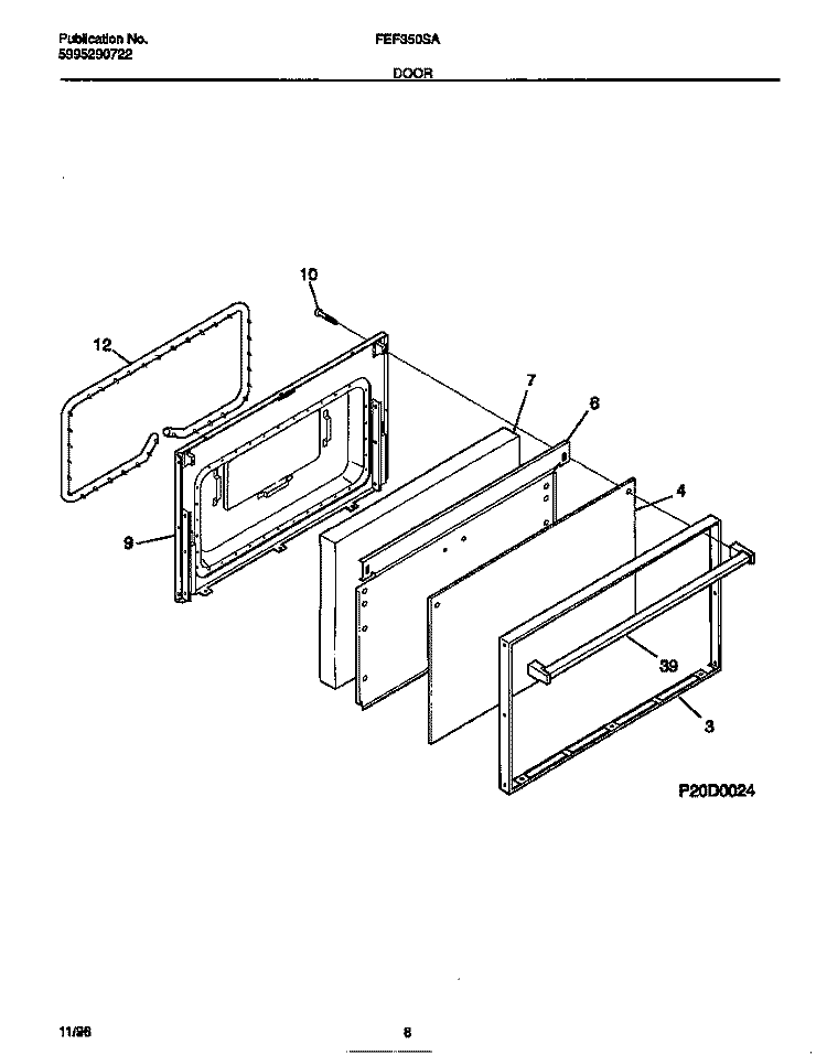DOOR Diagram and Parts List for FEF350SADJ  Frigidaire Range