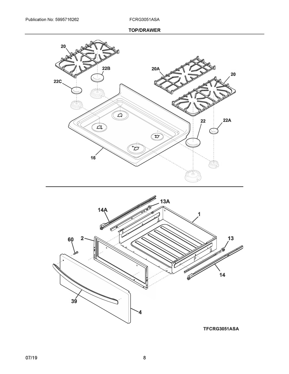 Top/drawer Diagram and Parts List for FCRG3051ASA  Frigidaire Range