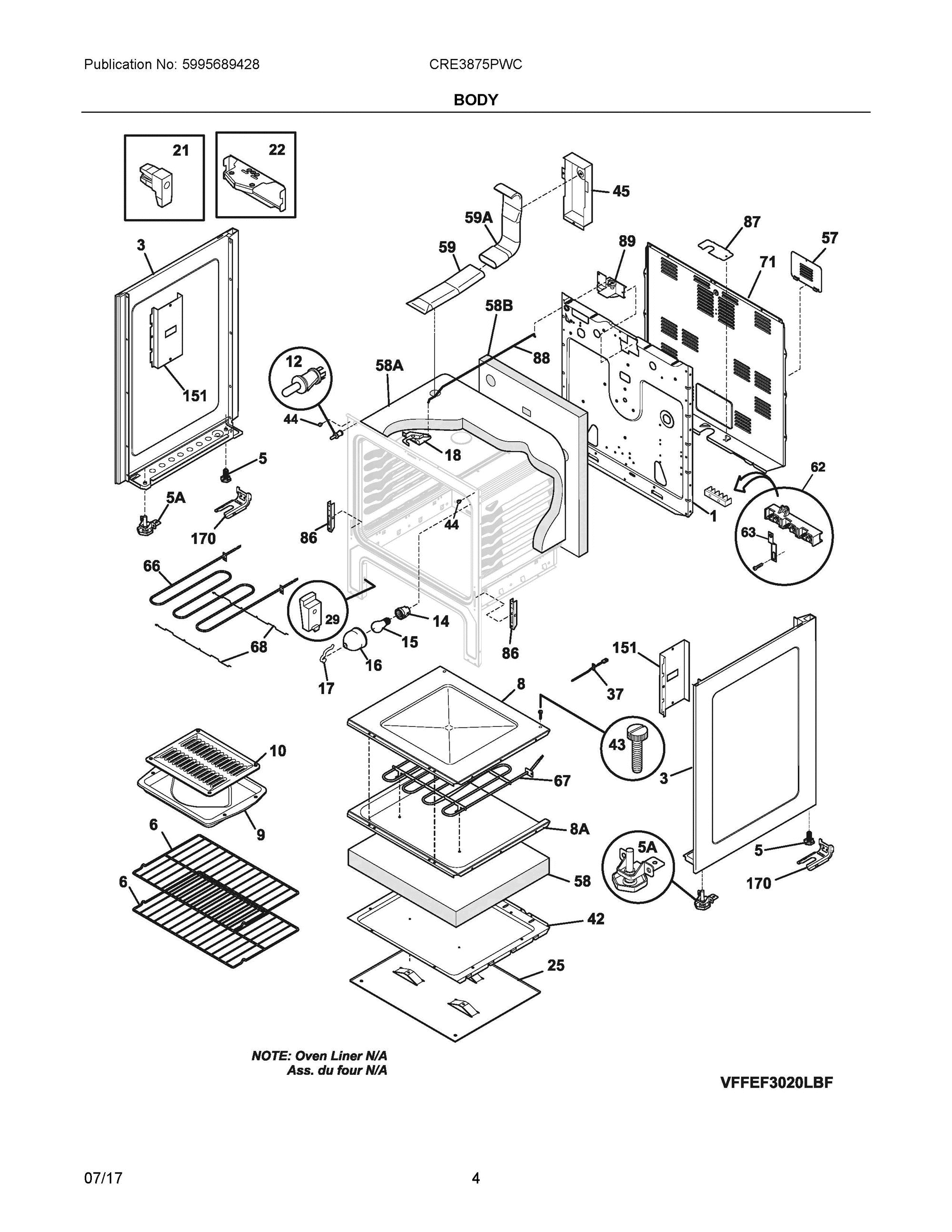 03 - BODY Diagram and Parts List for CRE3875PWC  Frigidaire Range