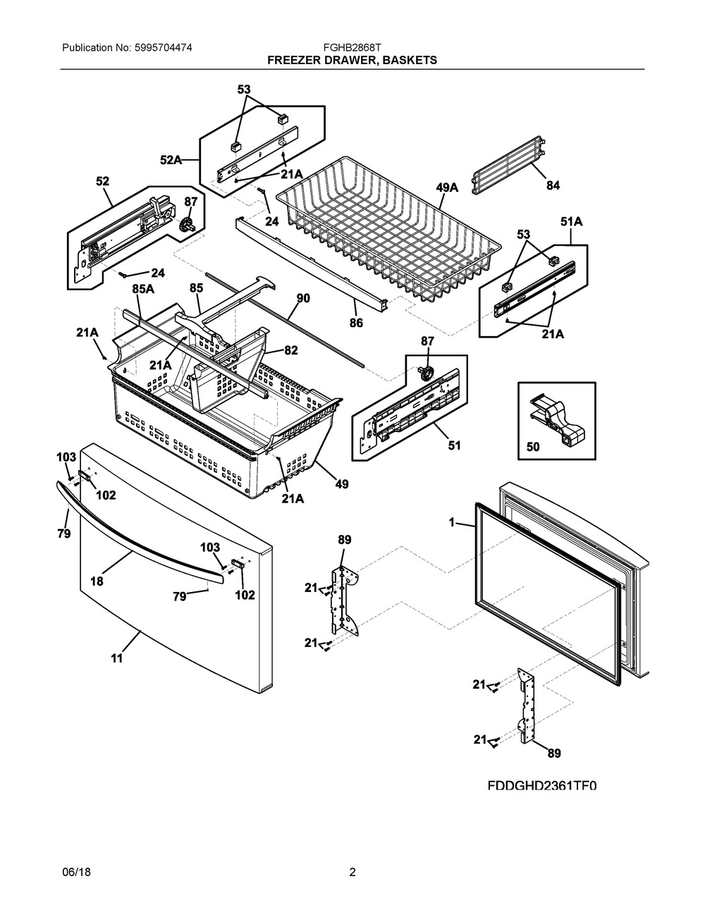 Freezer Drawer, Baskets Diagram and Parts List for FGHB2868TD2  Frigidaire Refrigerator