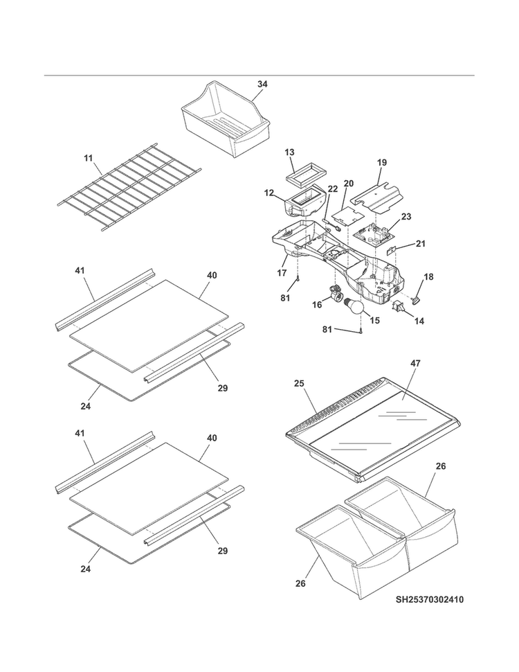 Shelves Diagram and Parts List for 25370309412  Kenmore Refrigerator