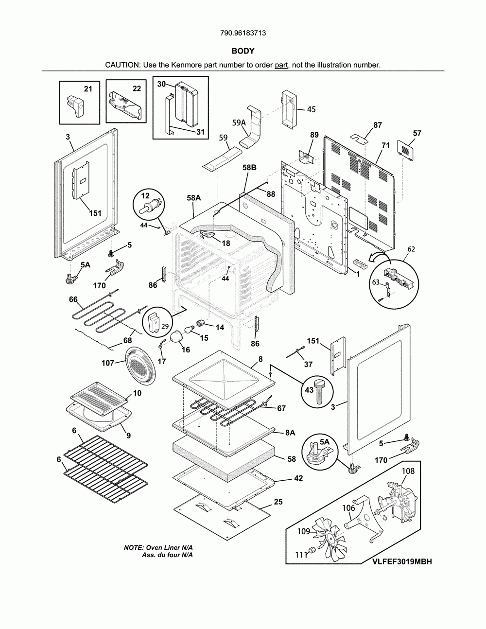 Body Diagram and Parts List for 79096183713  Kenmore Range