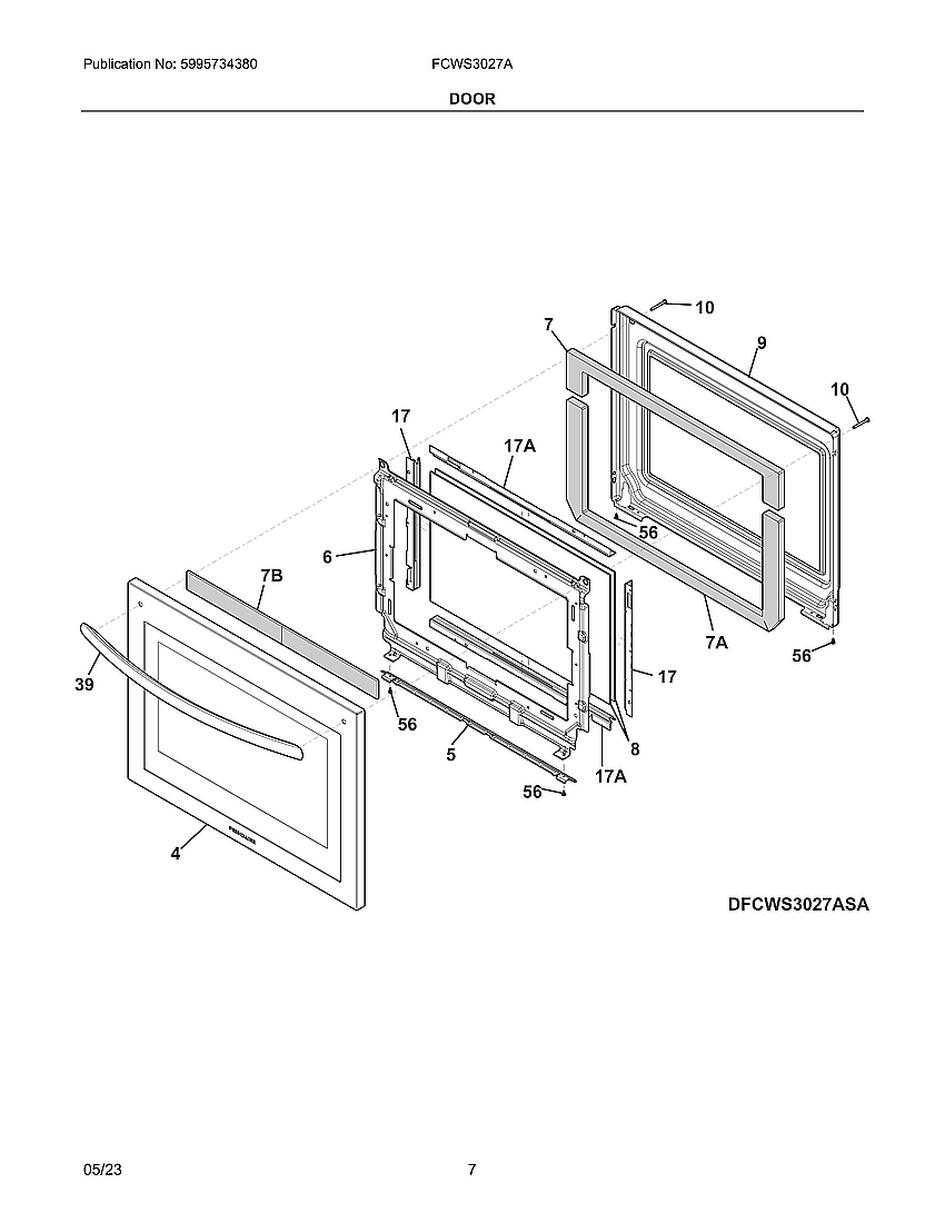 Door Diagram and Parts List for FCWS3027ASB  Frigidaire Range Hood