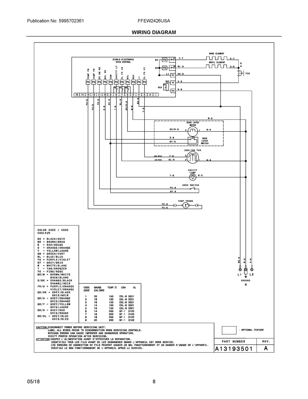 Wiring Diagram Diagram and Parts List for FFEW2426USA  Frigidaire Wall Oven