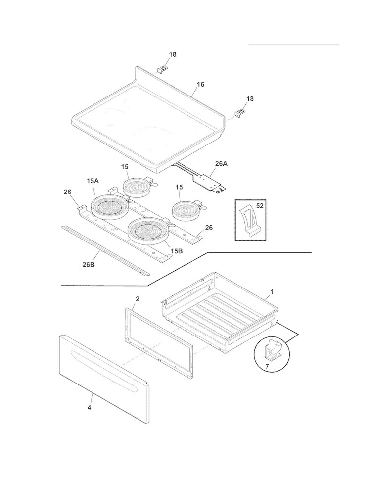 Top/drawer Diagram and Parts List for FFEF3018LMF  Frigidaire Range