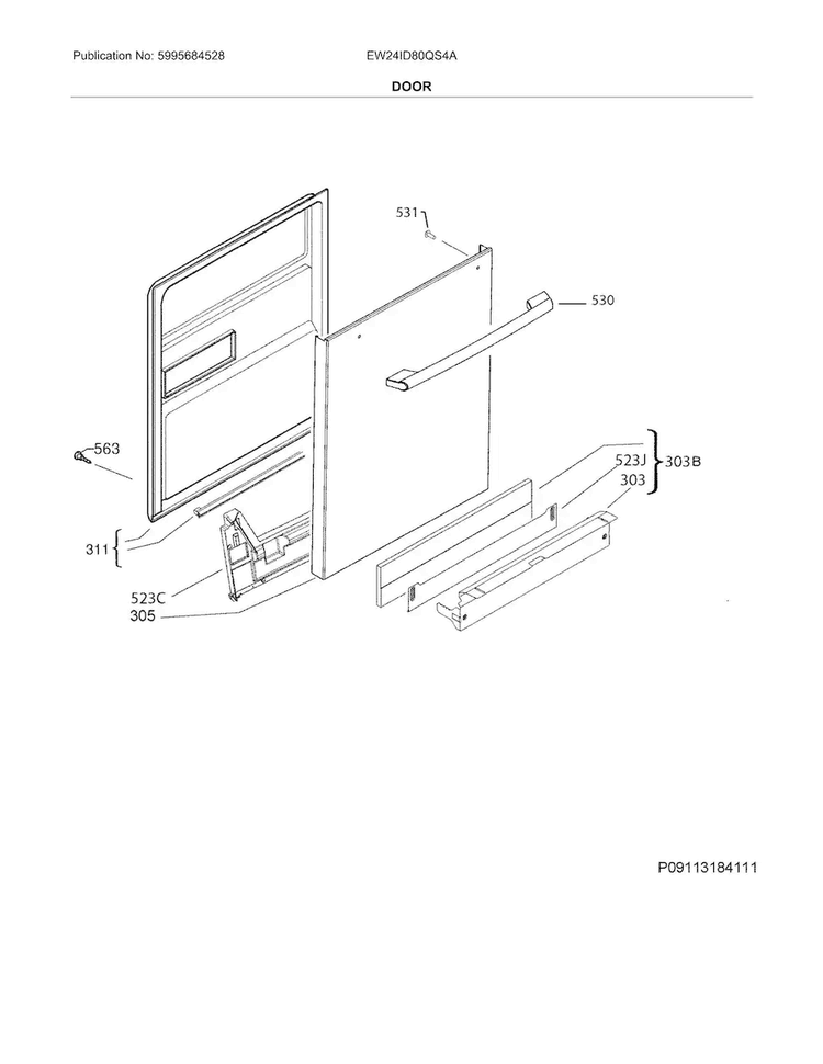 Door Diagram and Parts List for EW24ID80QS4A  Electrolux Dishwasher