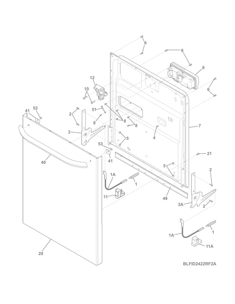 Door Diagram and Parts List for LFID2422RF2A  Frigidaire Dishwasher