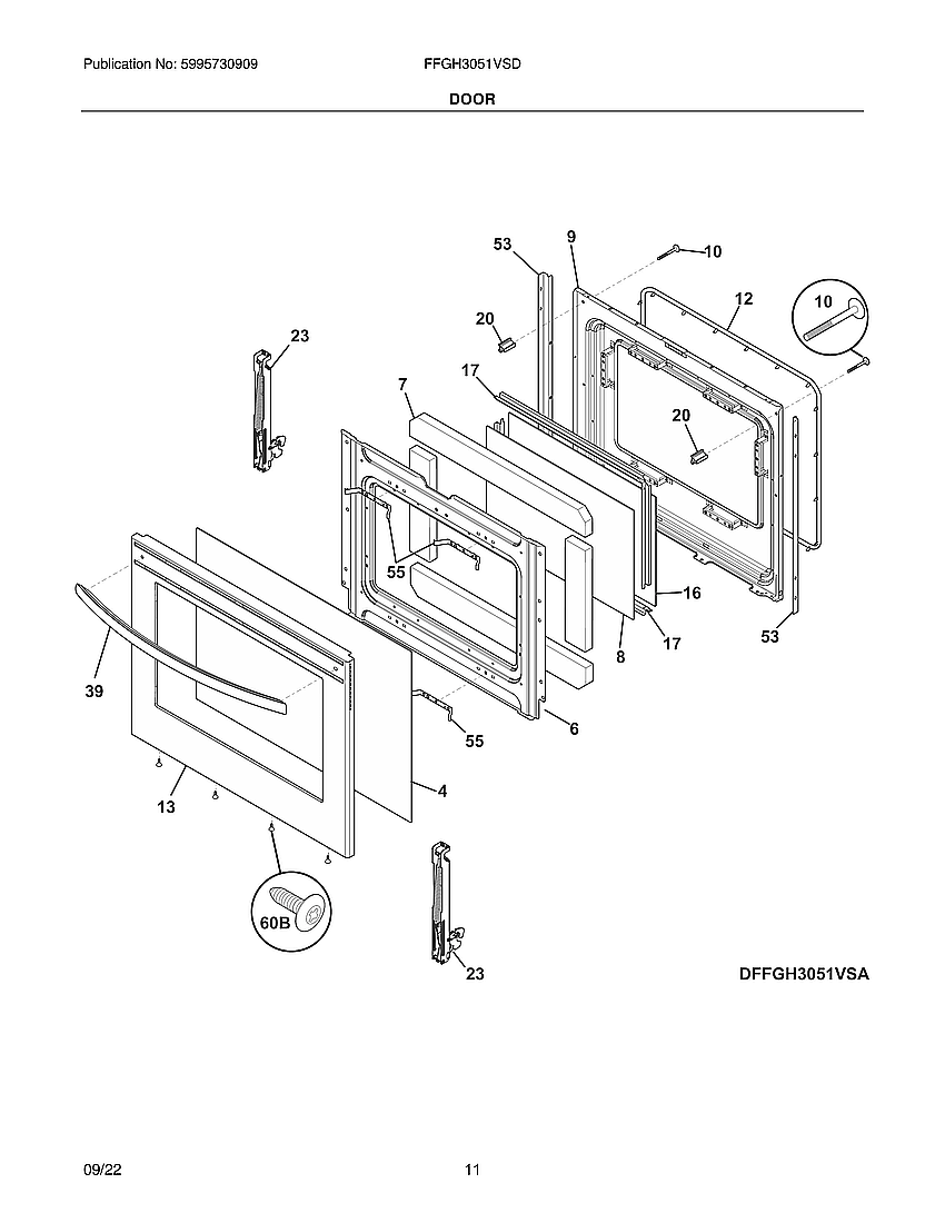 Door Diagram and Parts List for FFGH3051VSD  Frigidaire Range