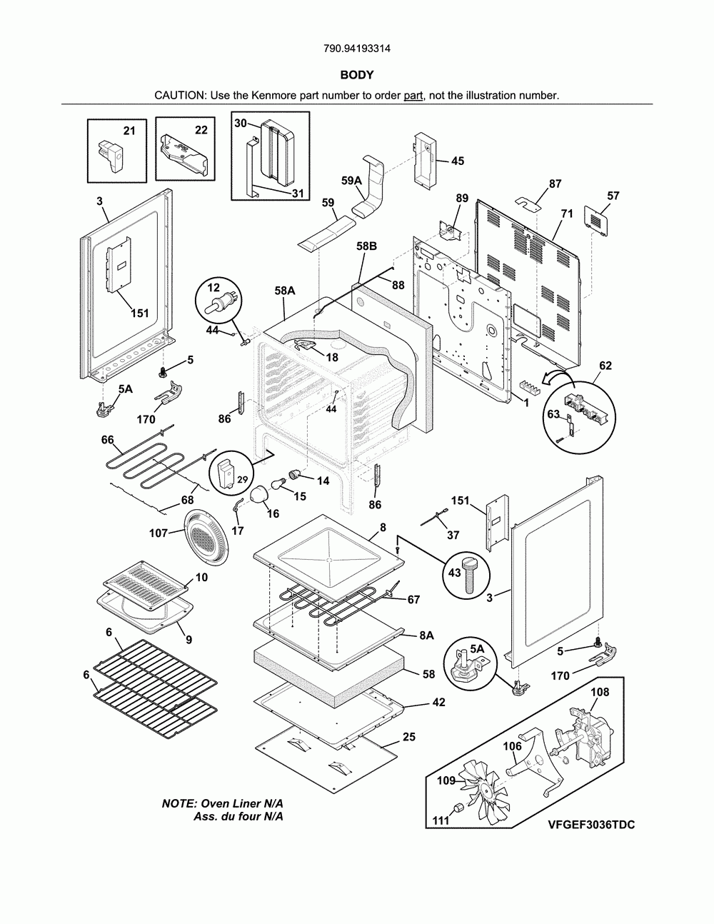 Body Diagram and Parts List for 79094193314  Kenmore Range