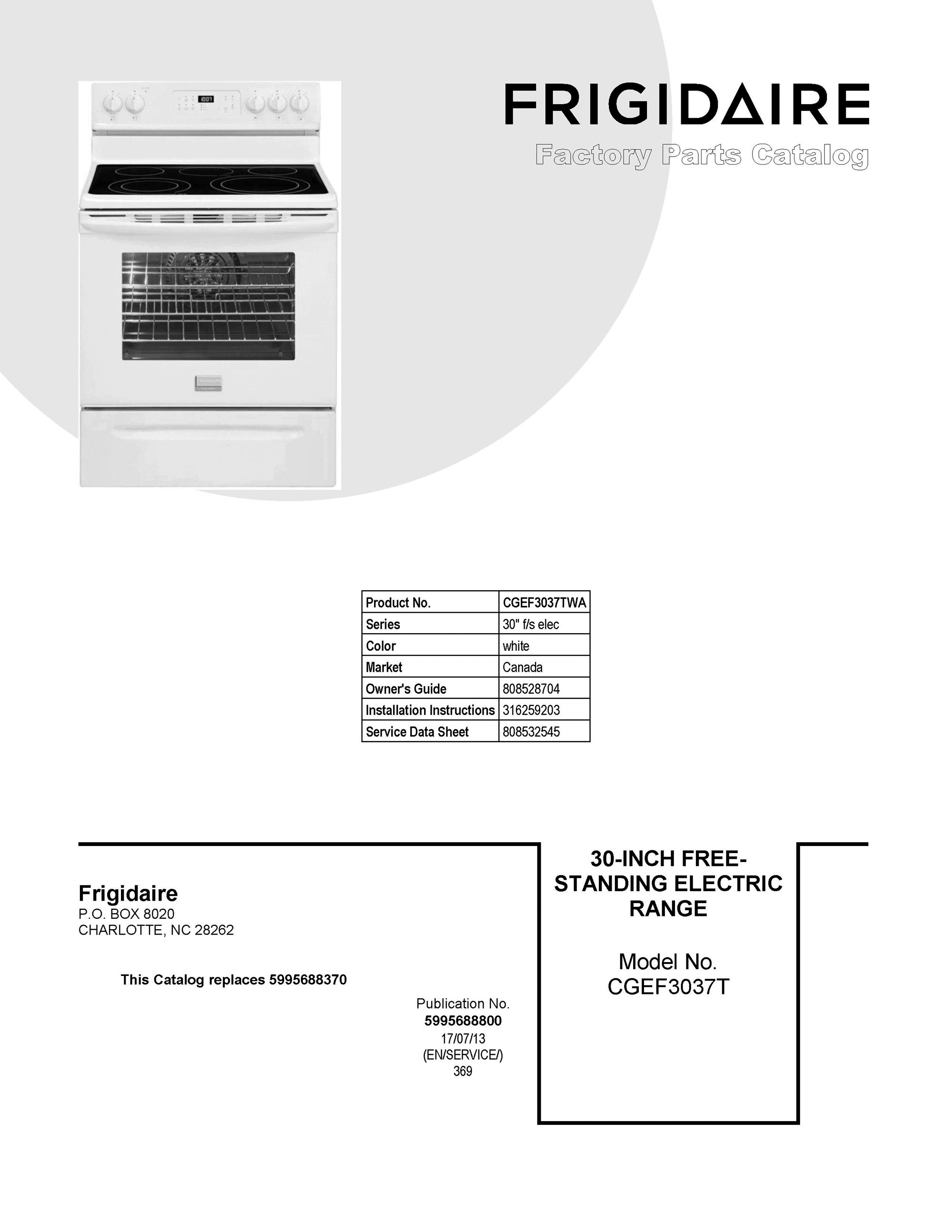 01 - COVER SHEET Diagram and Parts List for CGEF3037TWA  Frigidaire Range