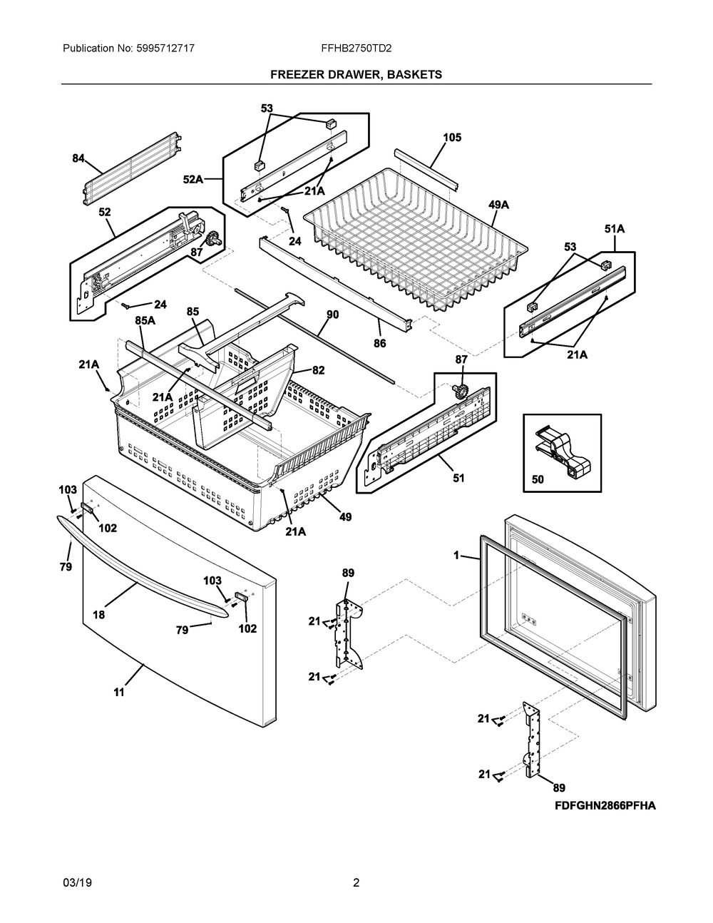 Freezer Drawer, Baskets Diagram and Parts List for FFHB2750TD2  Frigidaire Refrigerator
