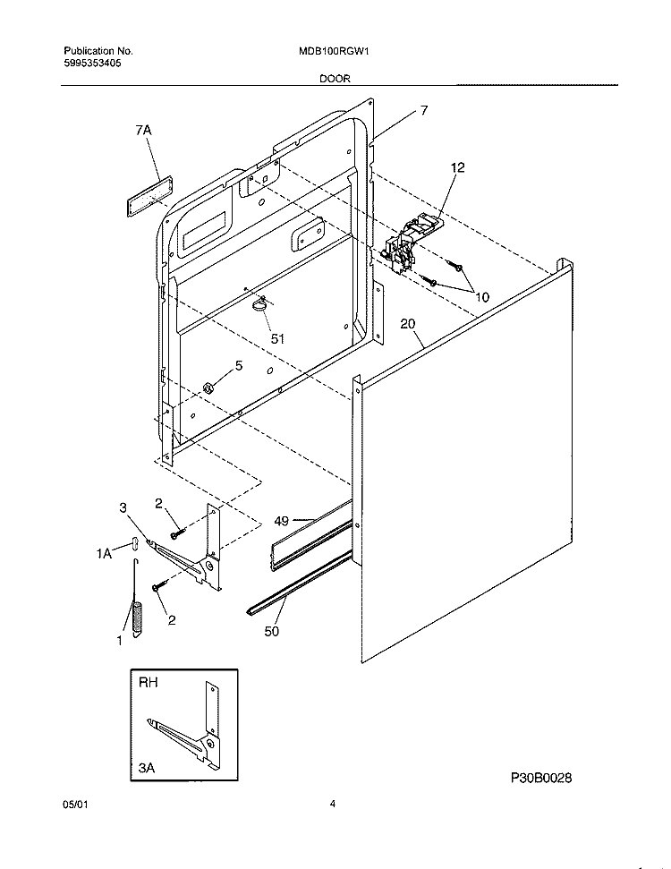 DOOR Diagram and Parts List for MDB100RGW1  Uni Dishwasher