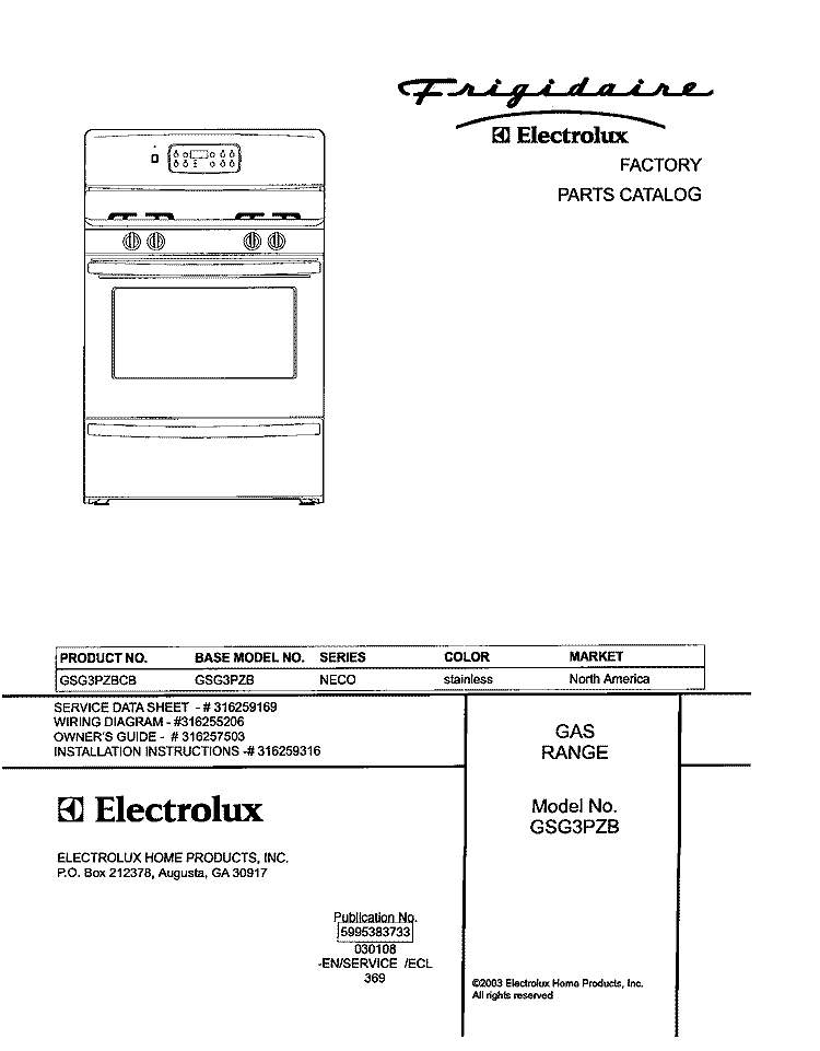 COVER Diagram and Parts List for GSG3PZBCB  Frigidaire Range