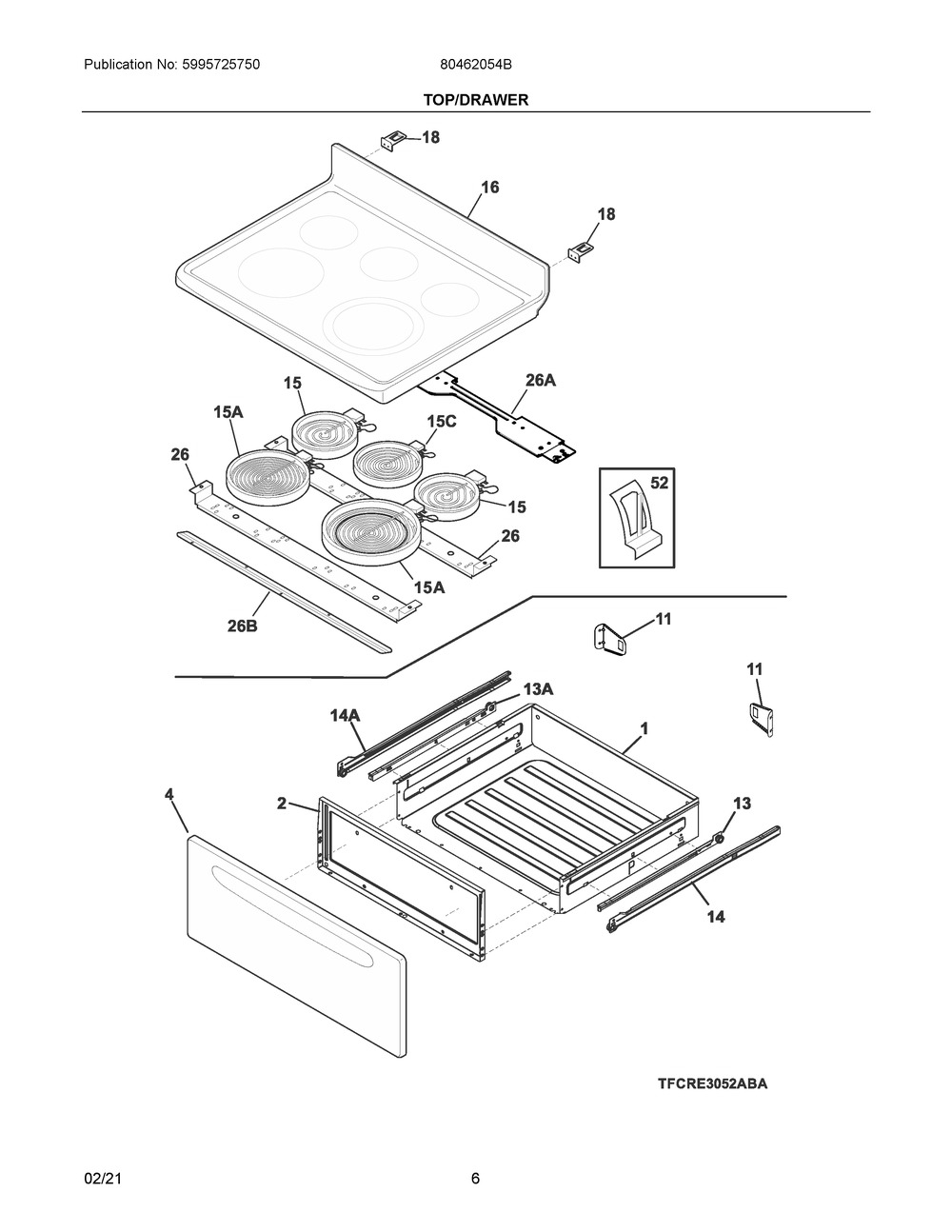 Top/Drawer Diagram and Parts List for 80462054B  Frigidaire Range