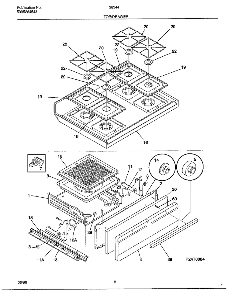 Top/drawer Diagram and Parts List for 283447D  Frigidaire Range