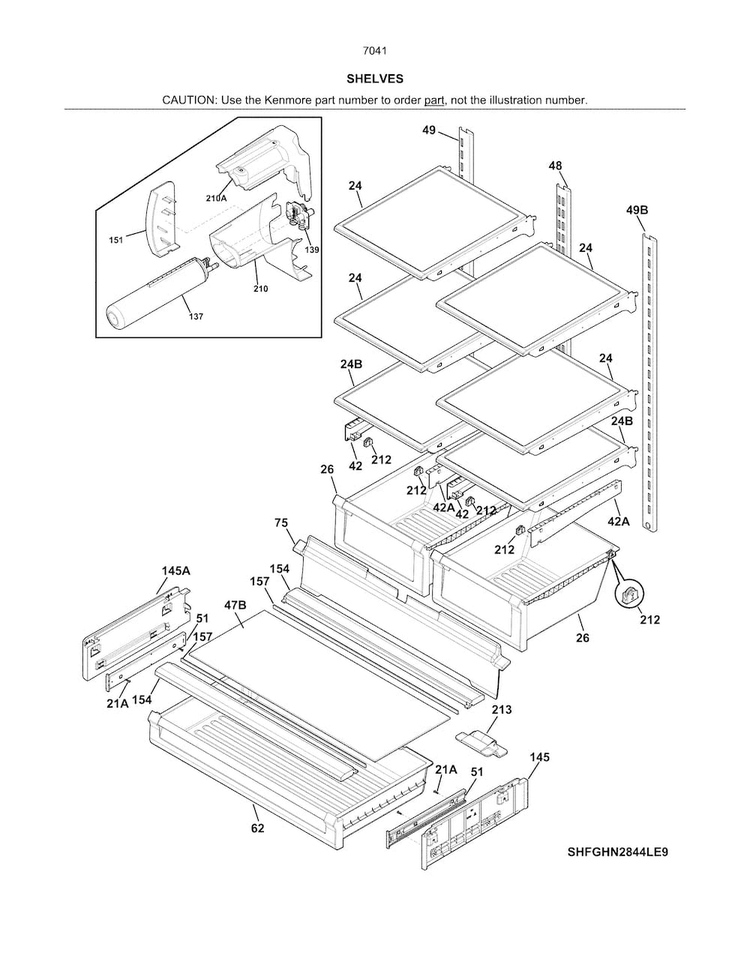 Shelves Diagram and Parts List for 2537041341A  Kenmore Refrigerator