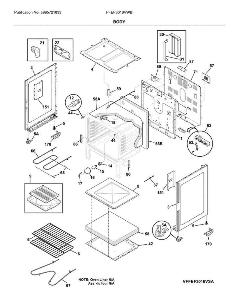 Body Diagram and Parts List for FFEF3016VWB  Frigidaire Range