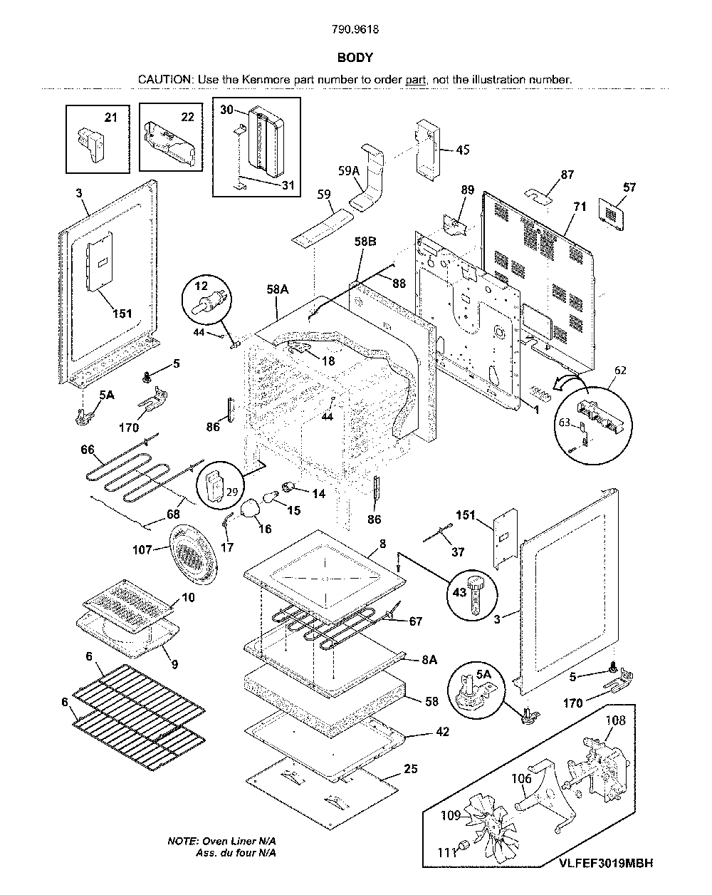 Body Diagram and Parts List for 79096189715  Kenmore Range