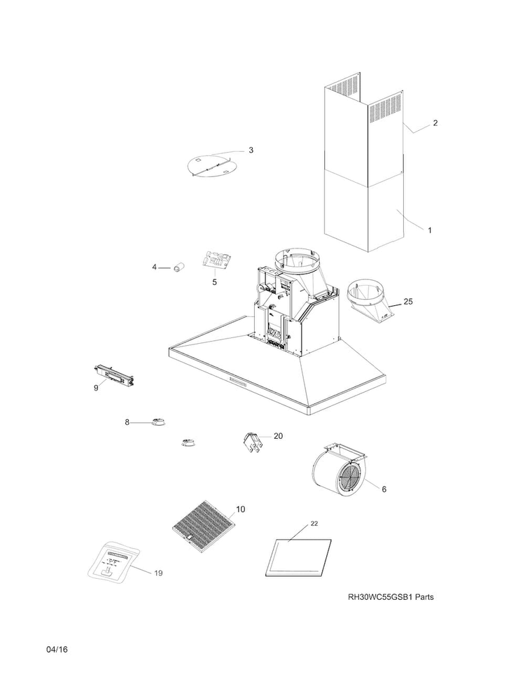 Recommended Spare Parts Diagram and Parts List for RH36WC55GSB  Electrolux Range Hood