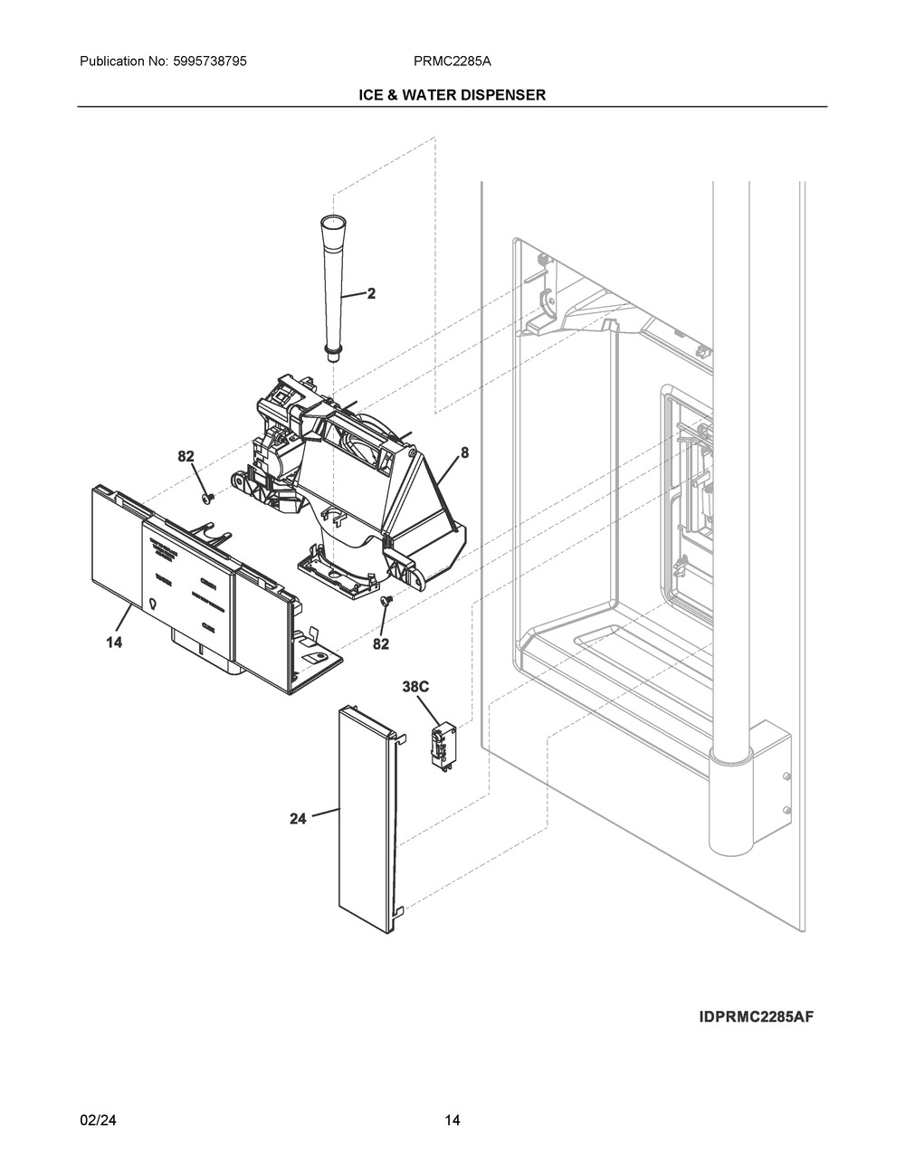Ice And Water Dispenser Diagram and Parts List for PRMC2285AF02  Frigidaire Refrigerator