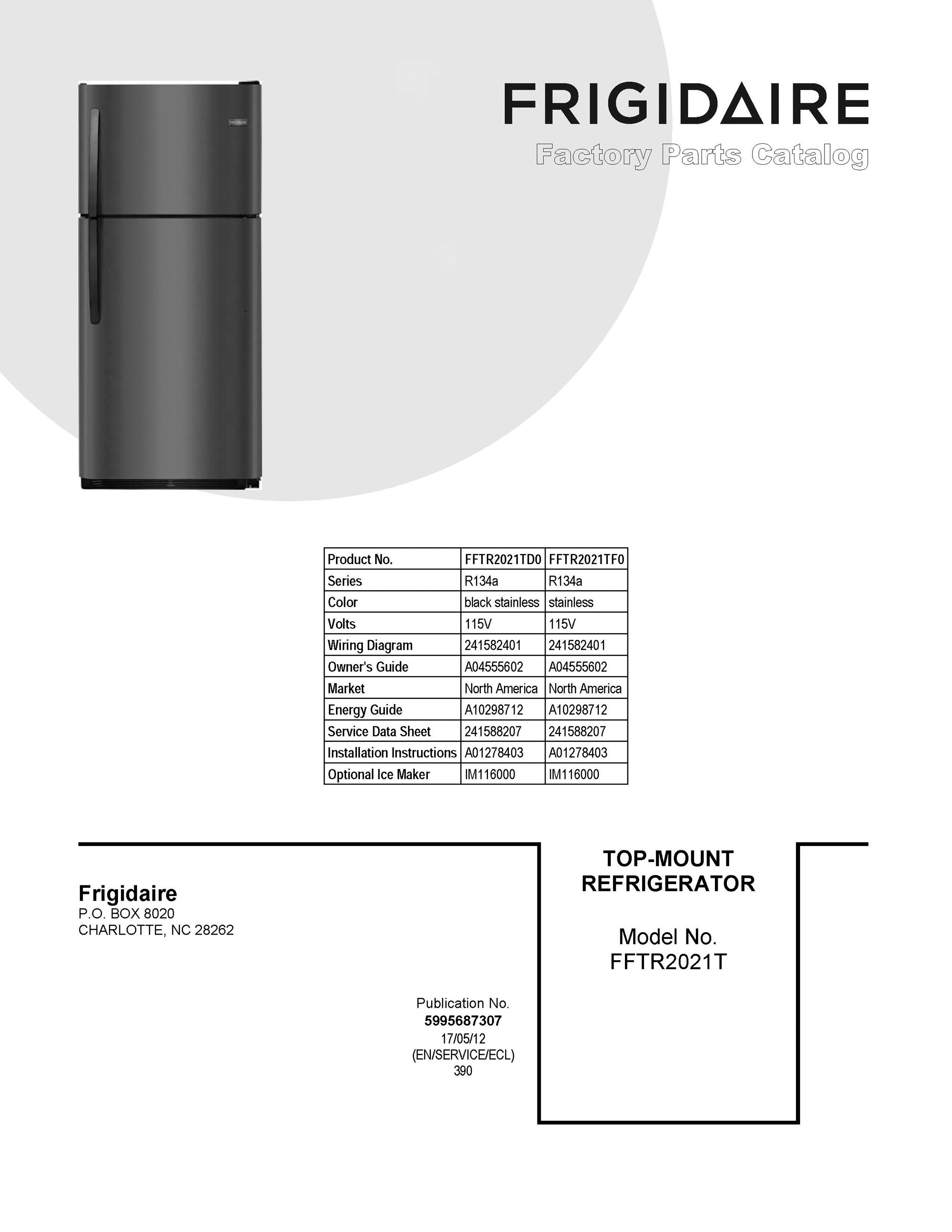 01 - COVER SHEET Diagram and Parts List for FFTR2021TD0  Frigidaire Refrigerator