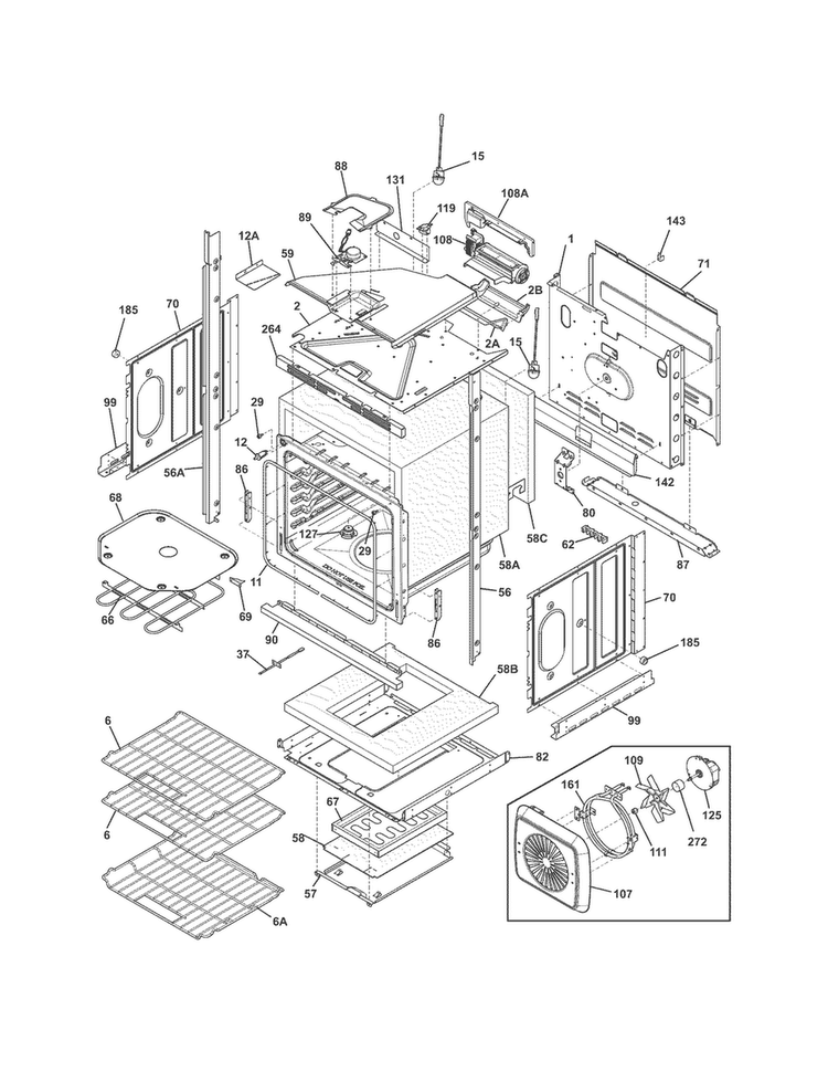 Lower Oven Diagram and Parts List for FGET2765PFC  Frigidaire Wall Oven