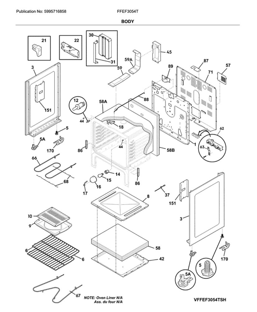 Body Diagram and Parts List for FFEF3054TBH  Frigidaire Range