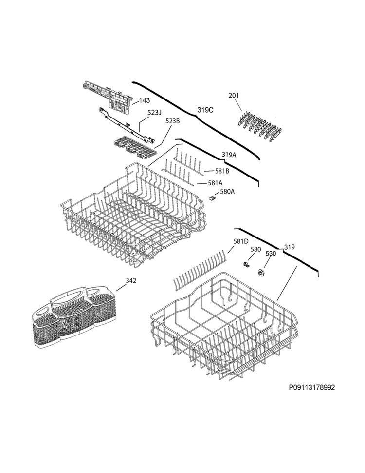 Racks Diagram and Parts List for FGID2474QB0A  Frigidaire Dishwasher