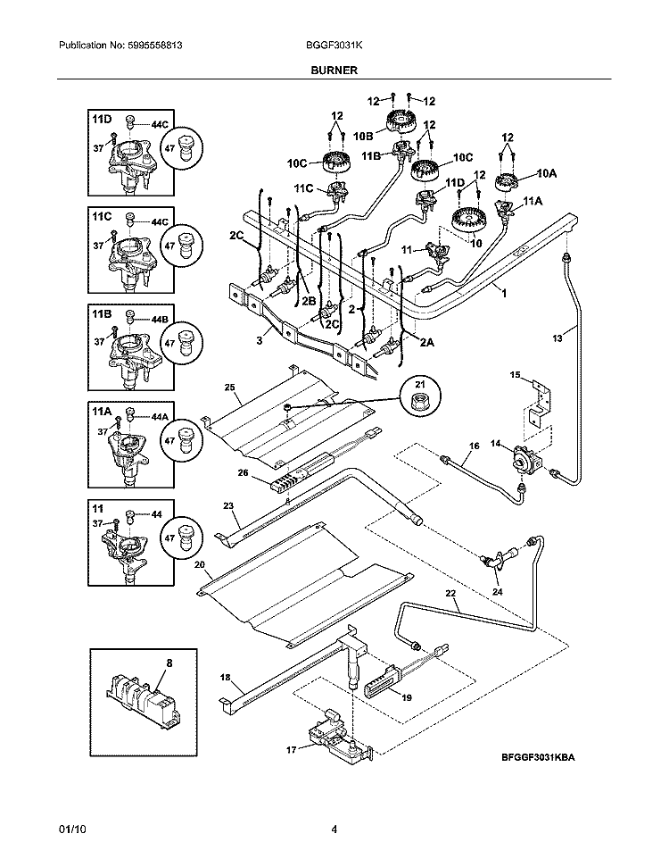 BURNER Diagram and Parts List for BGGF3031KWD  Frigidaire Range