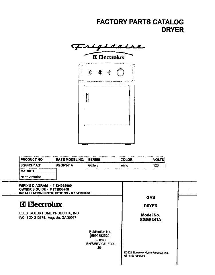 COVER Diagram and Parts List for SGGR341AS1  Frigidaire Dryer
