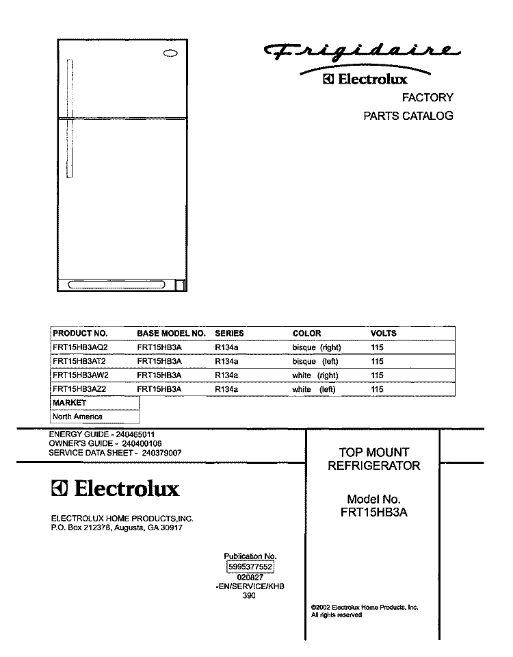 COVER Diagram and Parts List for FRT15HB3AW2  Frigidaire Refrigerator