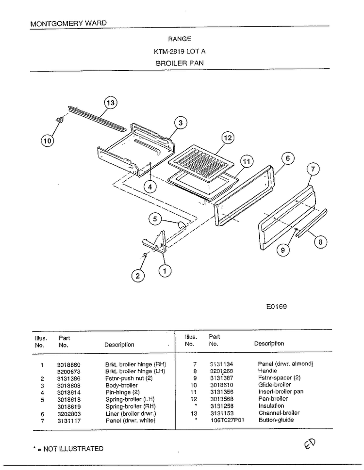 Range-broiler Pan Diagram and Parts List for 2819A  Frigidaire Range